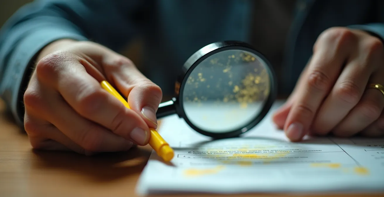 Gros plan sur mains analysant une facture d'énergie avec loupe et surligneur