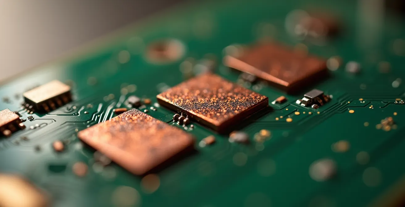 Vue macro de circuits électriques avec zones de défaillance en rouge