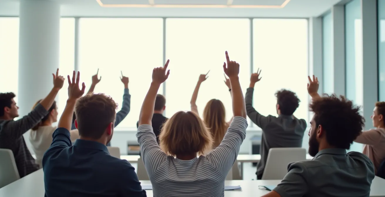 Vue large d'une assemblée générale de copropriété avec participants levant la main pour voter